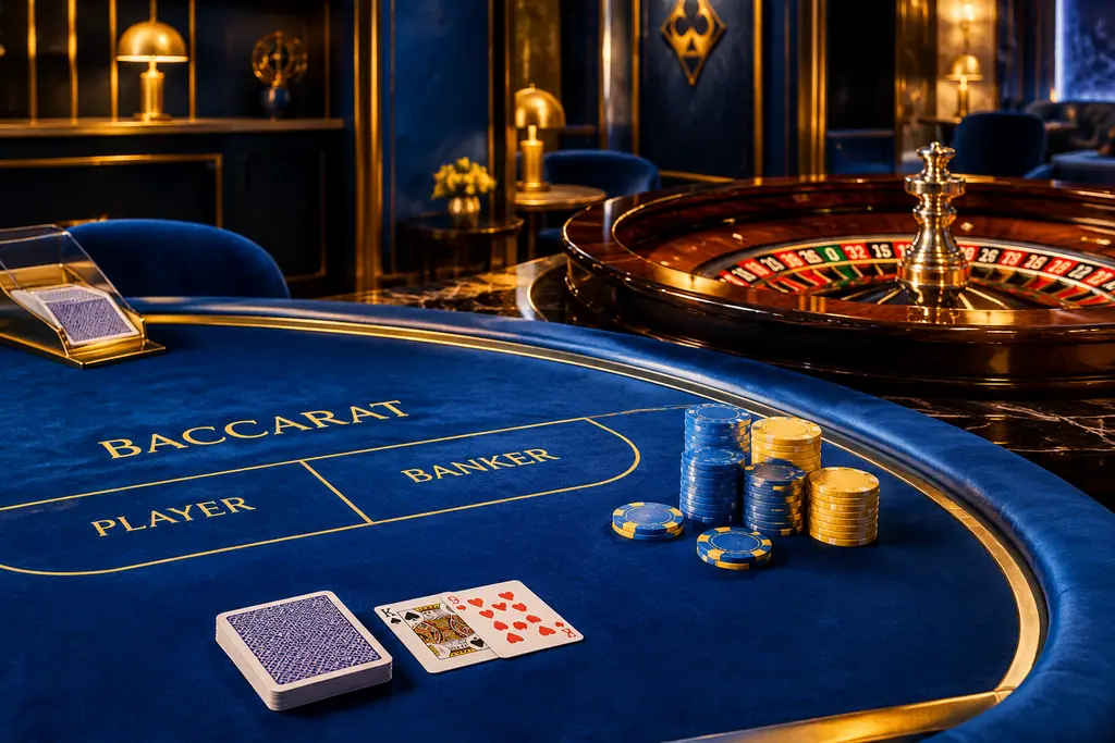 Meja kartu dan roda roulette dalam kasino biru