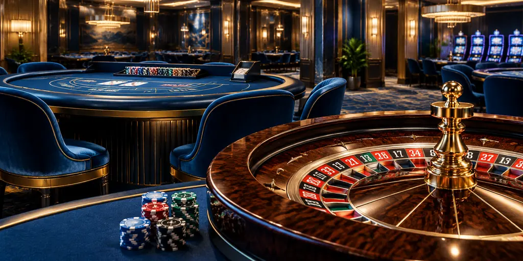 Meja roulette dan kartu dalam interior kasino bernuansa biru